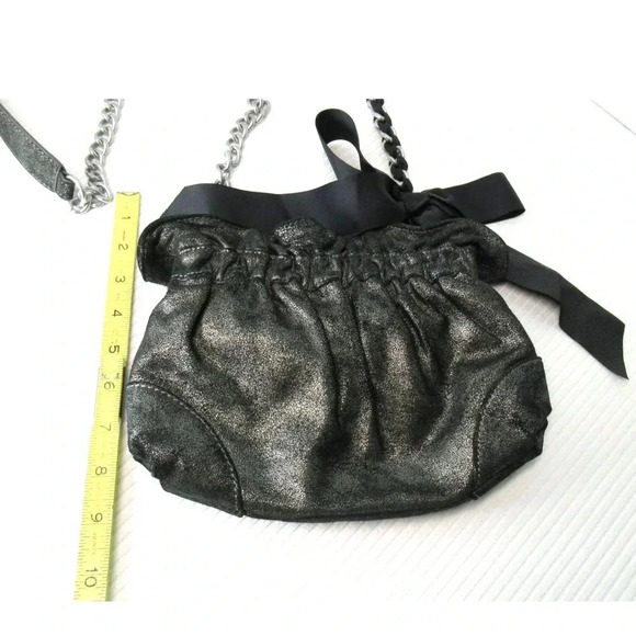 Ann Taylor LOFT Black Silver Leather Shoulder Bag Chain Strap Bow - Picture 3 of 8